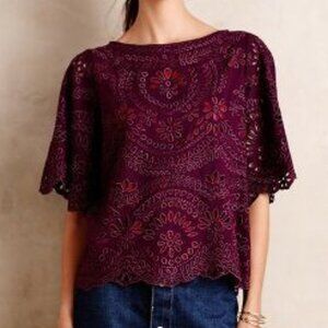 ANTHROPOLOGIE Picado Blouse Purple Red Eyelet Top Scalloped Edges